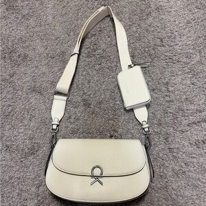 Calvin Klein Cream Pebble Leather Saddle Crossbody Bag